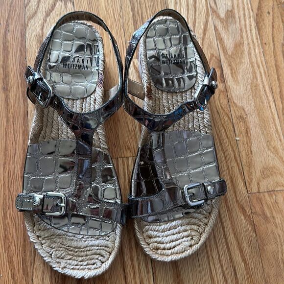 Stuart Weiztman sz 8 gold espadrilles with heel alligator print straps good cond - Picture 6 of 9